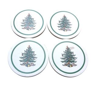 Spode Christmas Tree Coasters (4) Porcelain Bisque & Cork Round Thirsty Stone 4"